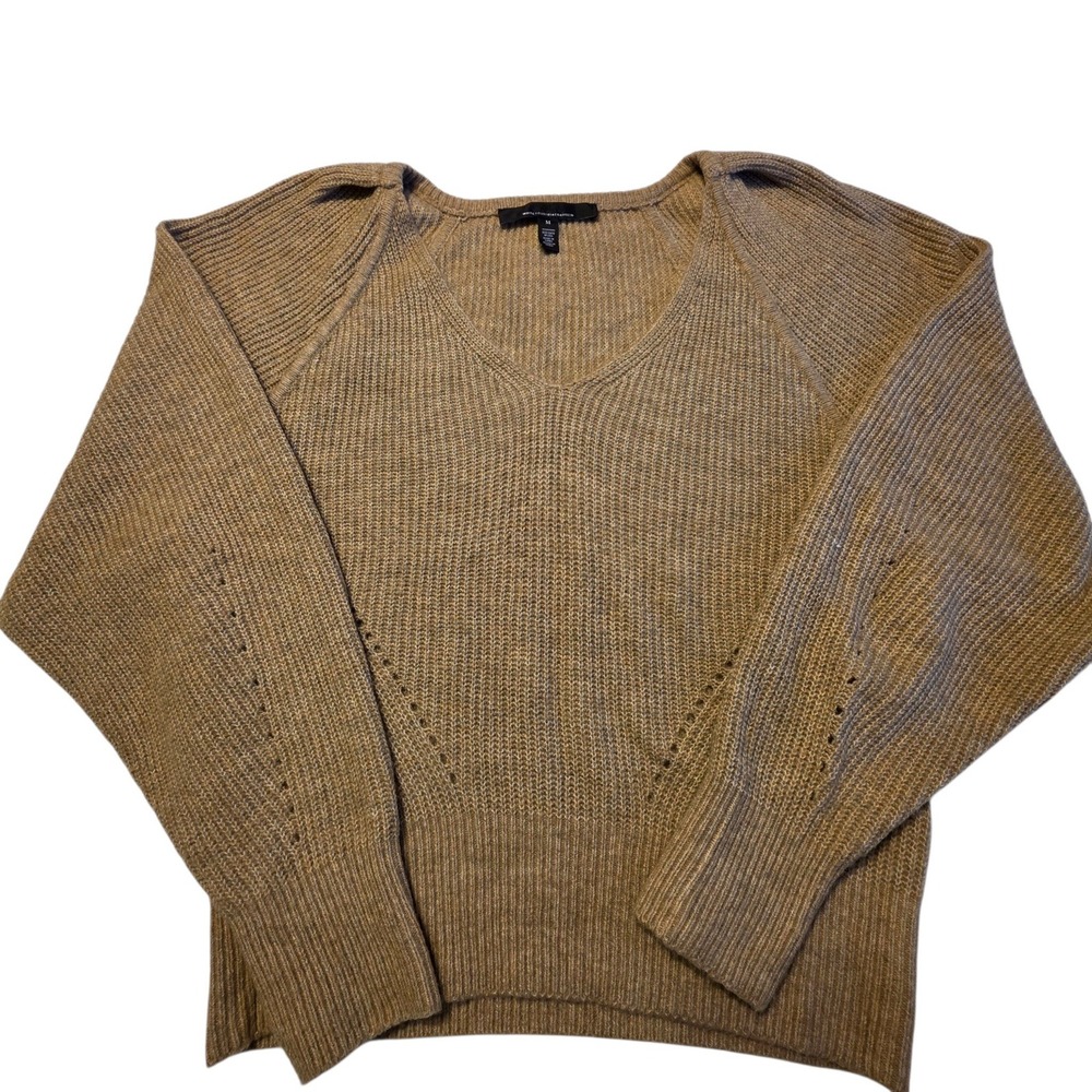 White House Black Market V-Neck Sweater Womens M Tan Puff Shoulder Pointelle - Picture 10 of 10